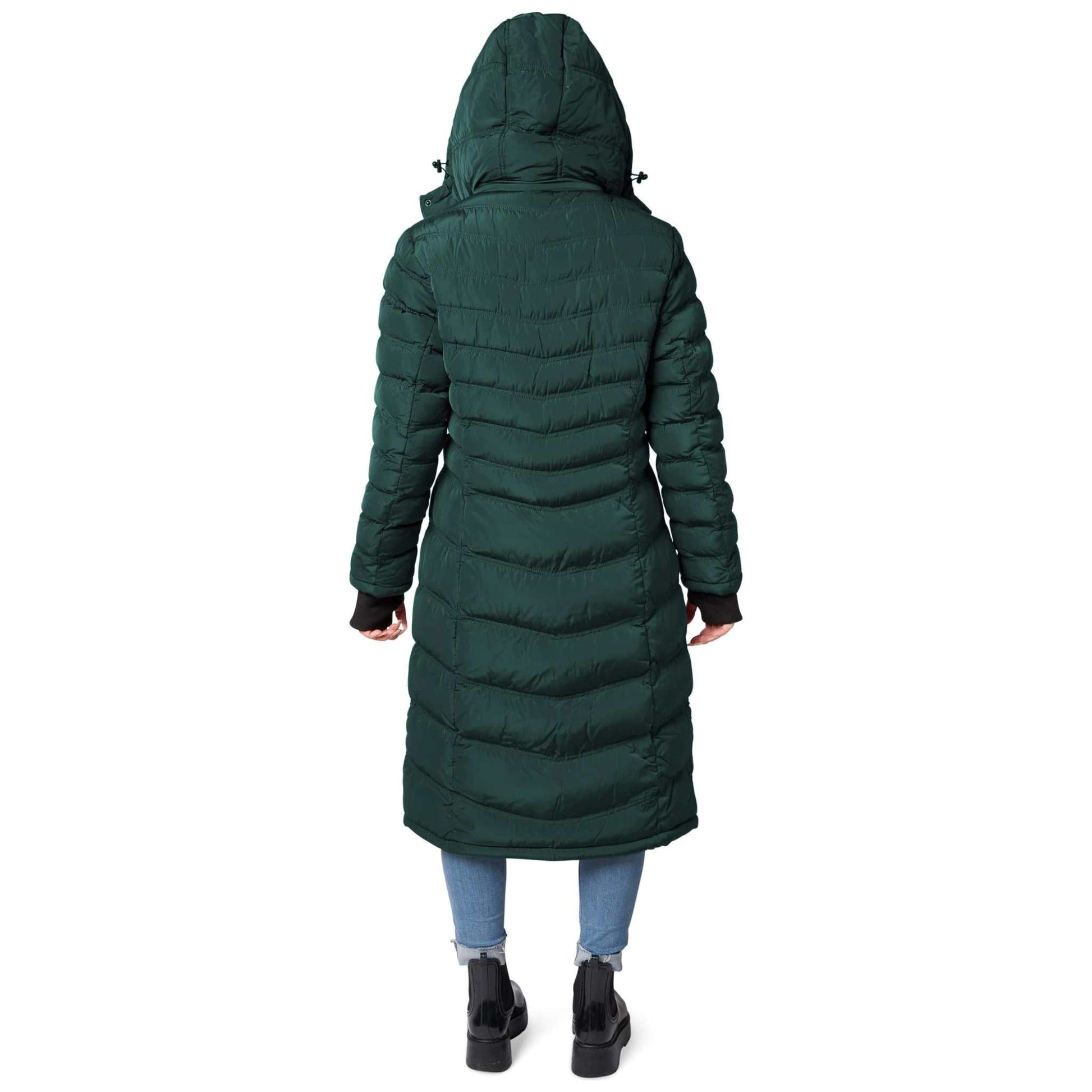 Elora Maxi Puffer vegan winter coat, 40-inch length, warm and stylish for women.