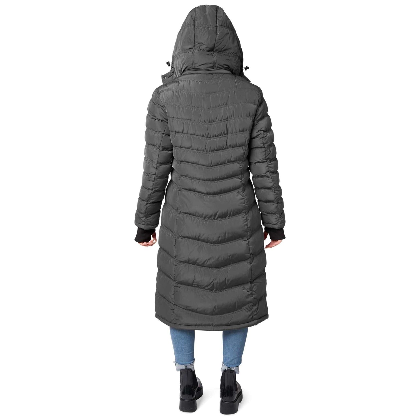Warm vegan Elora Maxi Puffer coat for women, 40-inch long, with detachable hood and zippered pockets.