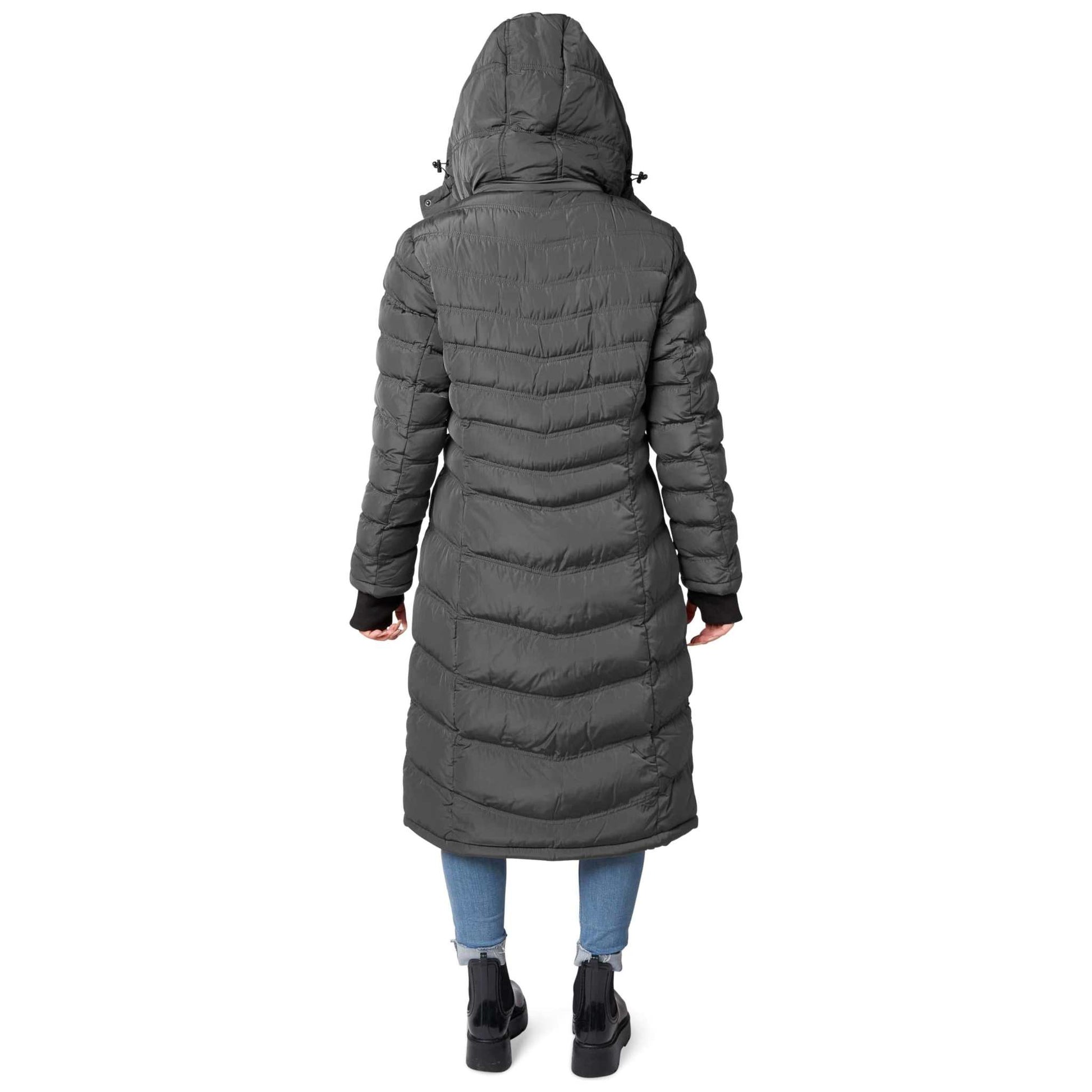 Warm vegan Elora Maxi Puffer coat for women, 40-inch long, with detachable hood and zippered pockets.