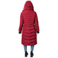 Women's Elora Maxi Puffer, red vegan winter coat with hood, rear view.