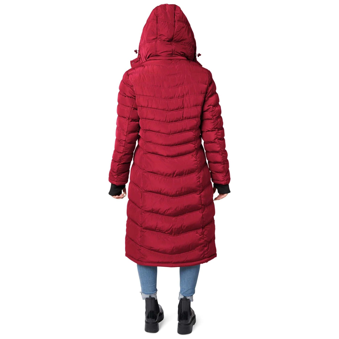 Women's Elora Maxi Puffer, red vegan winter coat with hood, rear view.