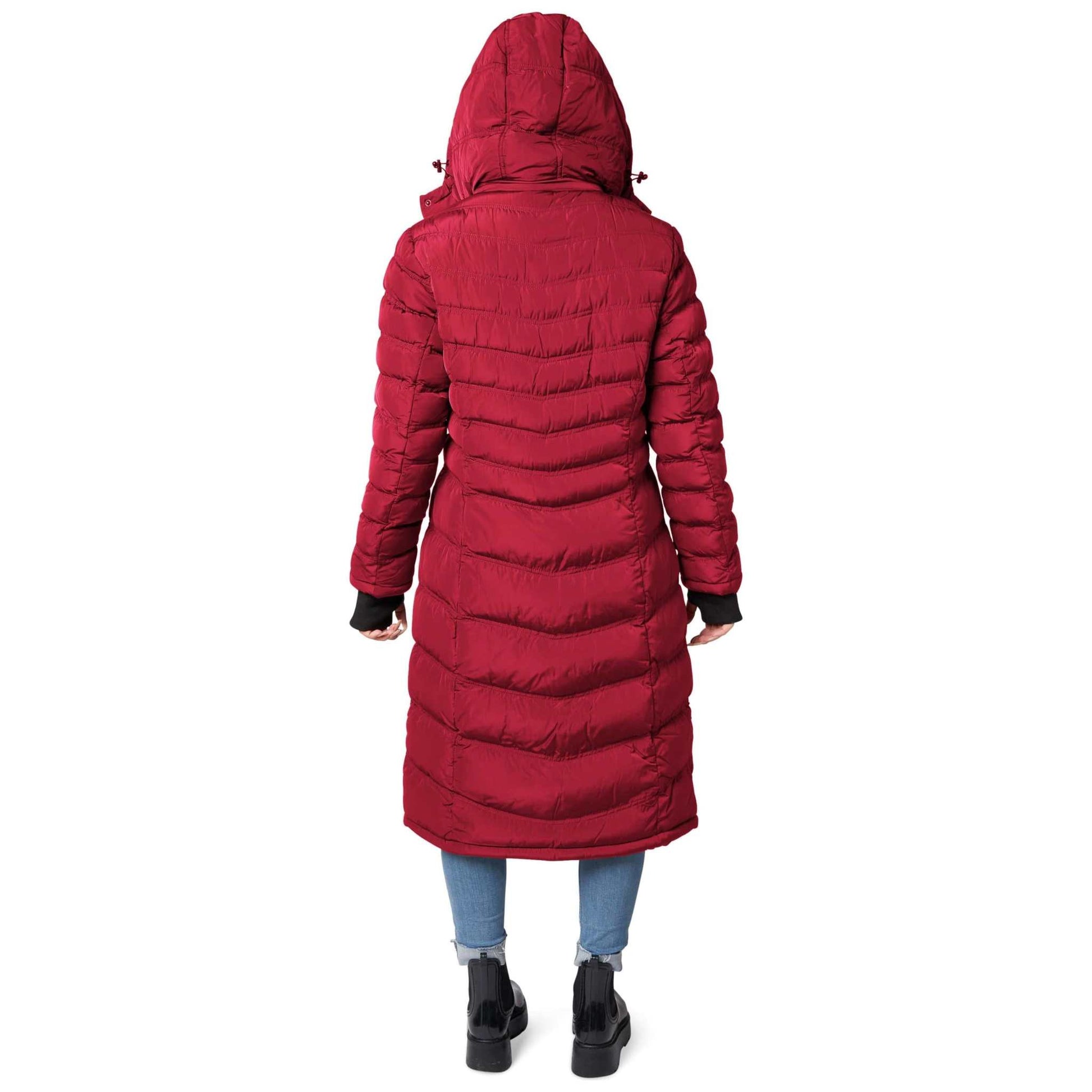 Women's Elora Maxi Puffer, red vegan winter coat with hood, rear view.