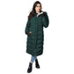 Elora Maxi Puffer: Vegan winter coat with detachable hood and zippered pockets.