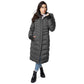 Women's warm winter coat, long puffer design, vegan, with detachable hood and metal zippers.