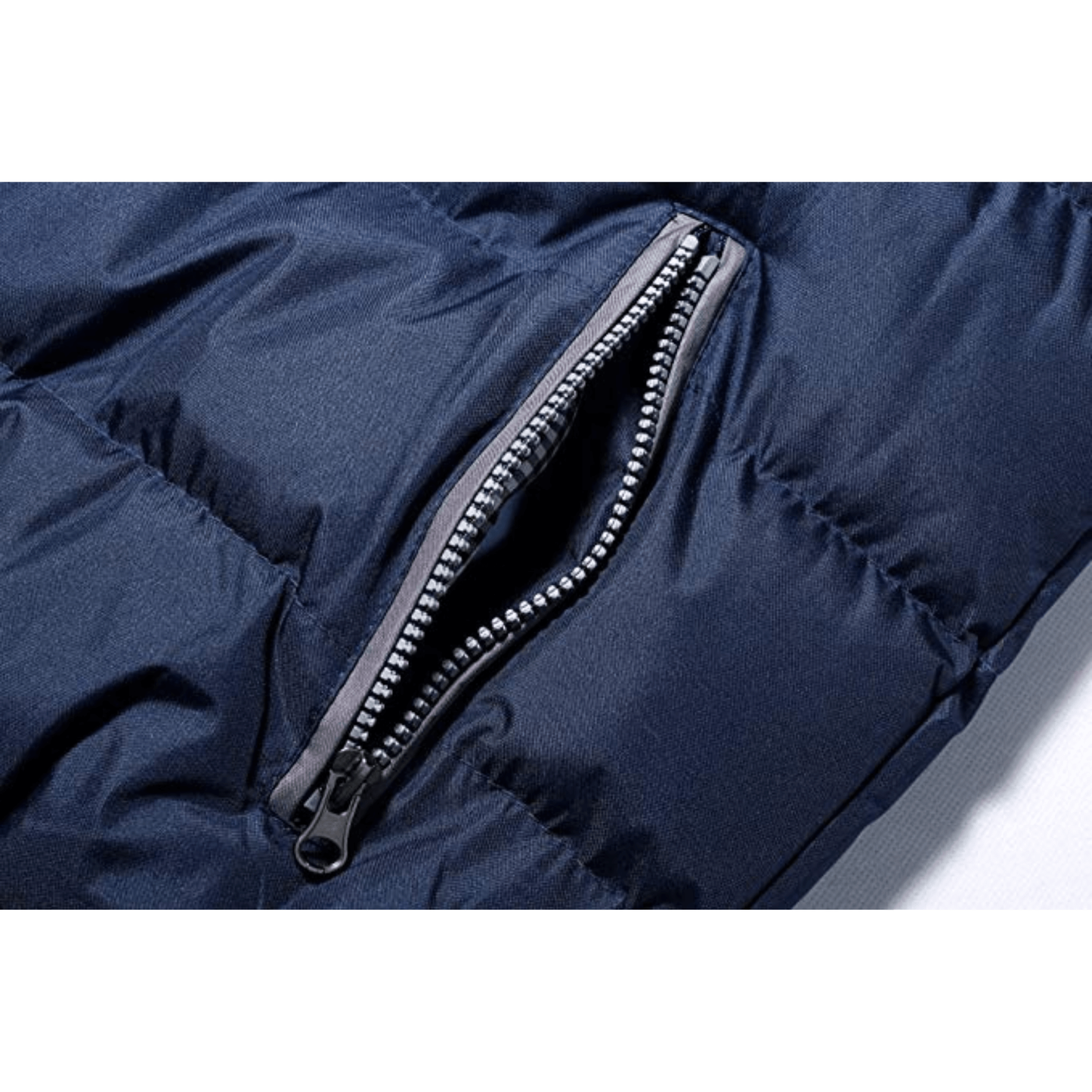 Mens puffer Jacket with zippered pocket, heavy quilt winter coat in blue, water-resistant.