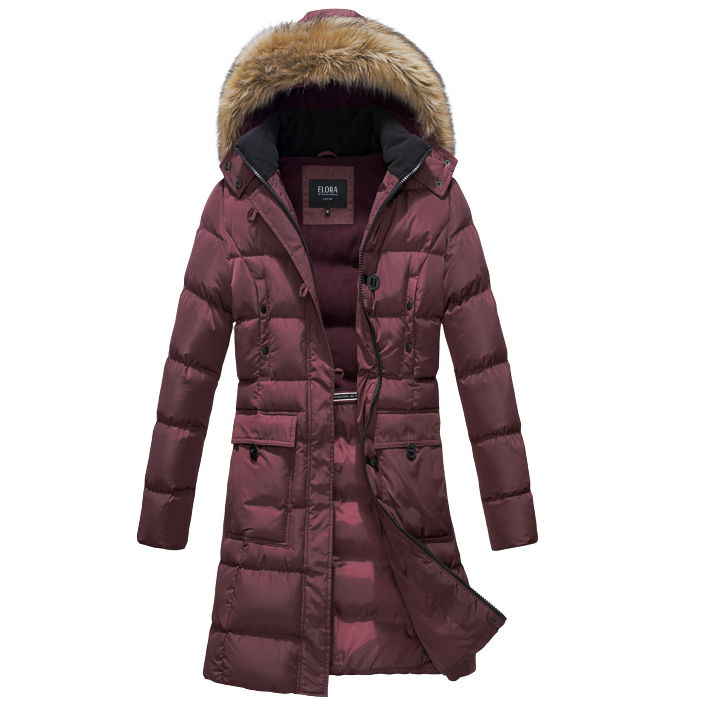 womens mid-length vegan down winter coat maroon with faux fur hood and zippered pockets