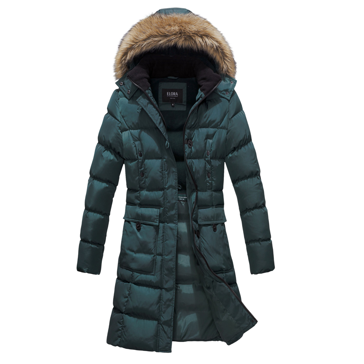 Womens mid-length vegan down winter coat with detachable faux fur hood and multiple pockets in dark green