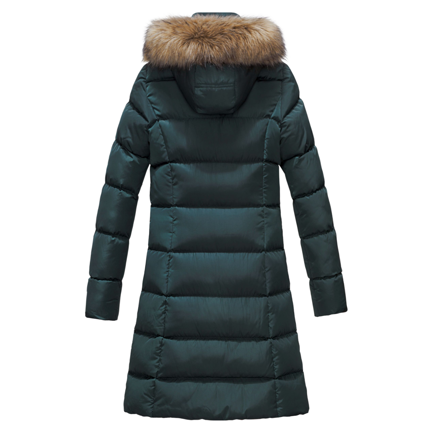 Womens mid-length vegan down winter coat with fur-trimmed hood in dark green color.