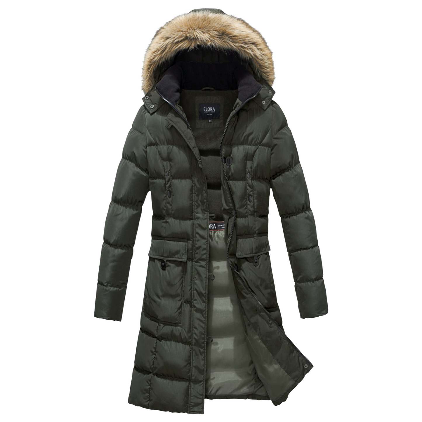 Womens mid-length vegan down winter coat with detachable faux fur hood in olive green