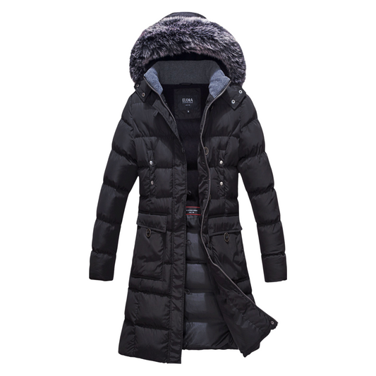 Womens mid-length vegan down winter coat with faux fur hood trim, black insulated parka