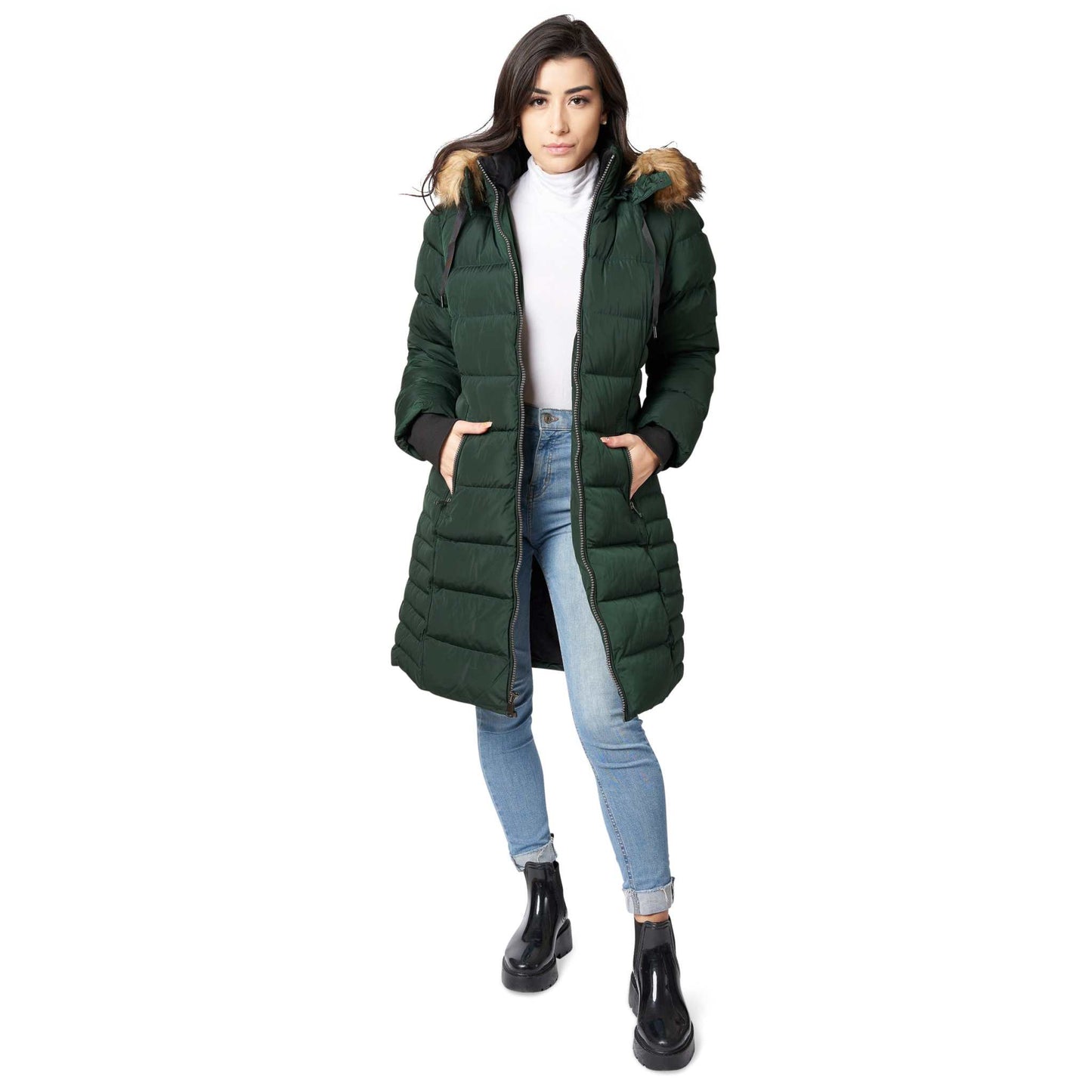 Mid Length Women Winter Coat with Fleece Lining and Fur Trim Hood