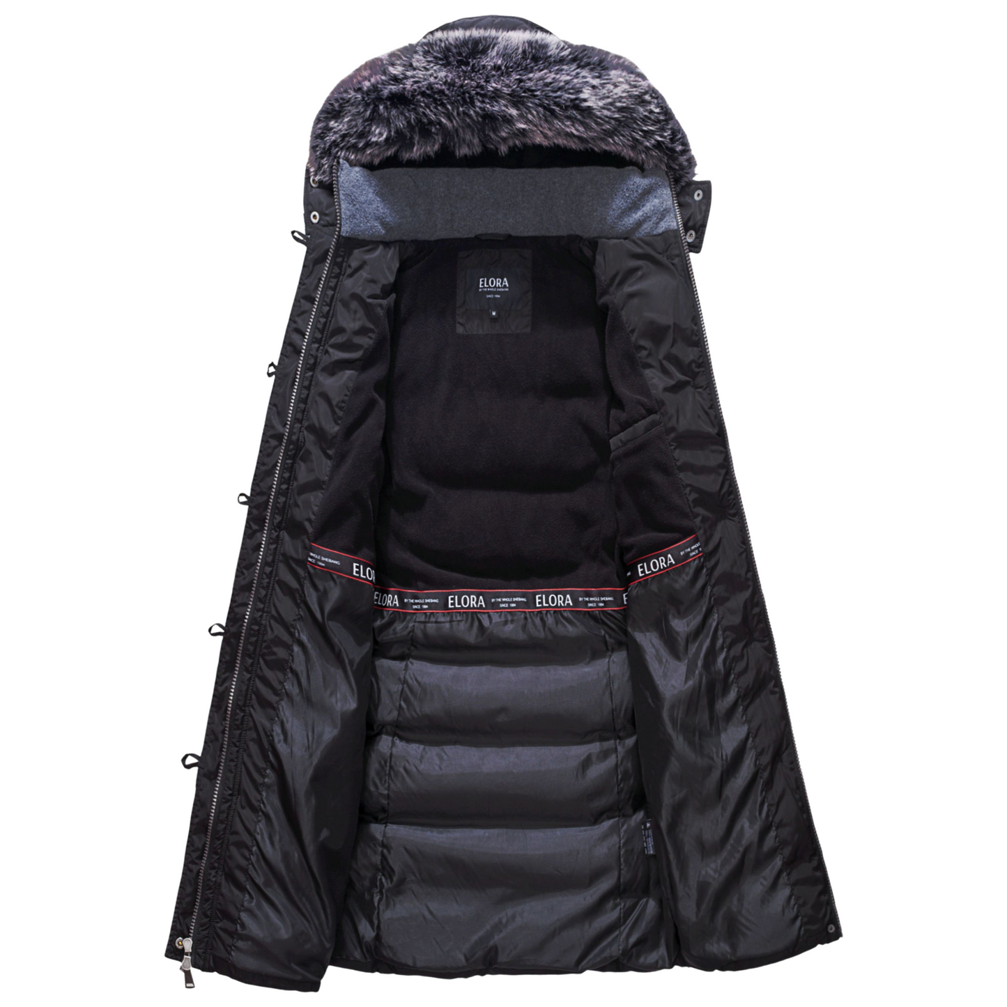 interior view of ELORA mid-length vegan down winter coat with fur-lined hood and black insulated lining