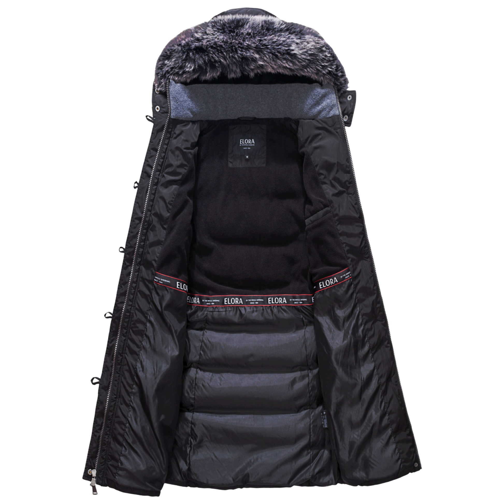 interior view of ELORA mid-length vegan down winter coat with fur-lined hood and black insulated lining