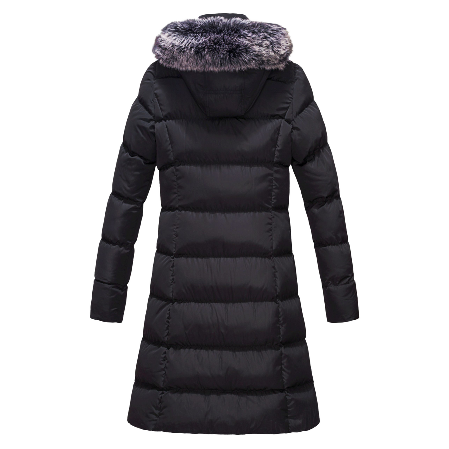 Back view of black womens mid-length vegan down winter coat with faux fur hood trim
