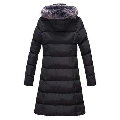 Back view of black womens mid-length vegan down winter coat with faux fur hood trim
