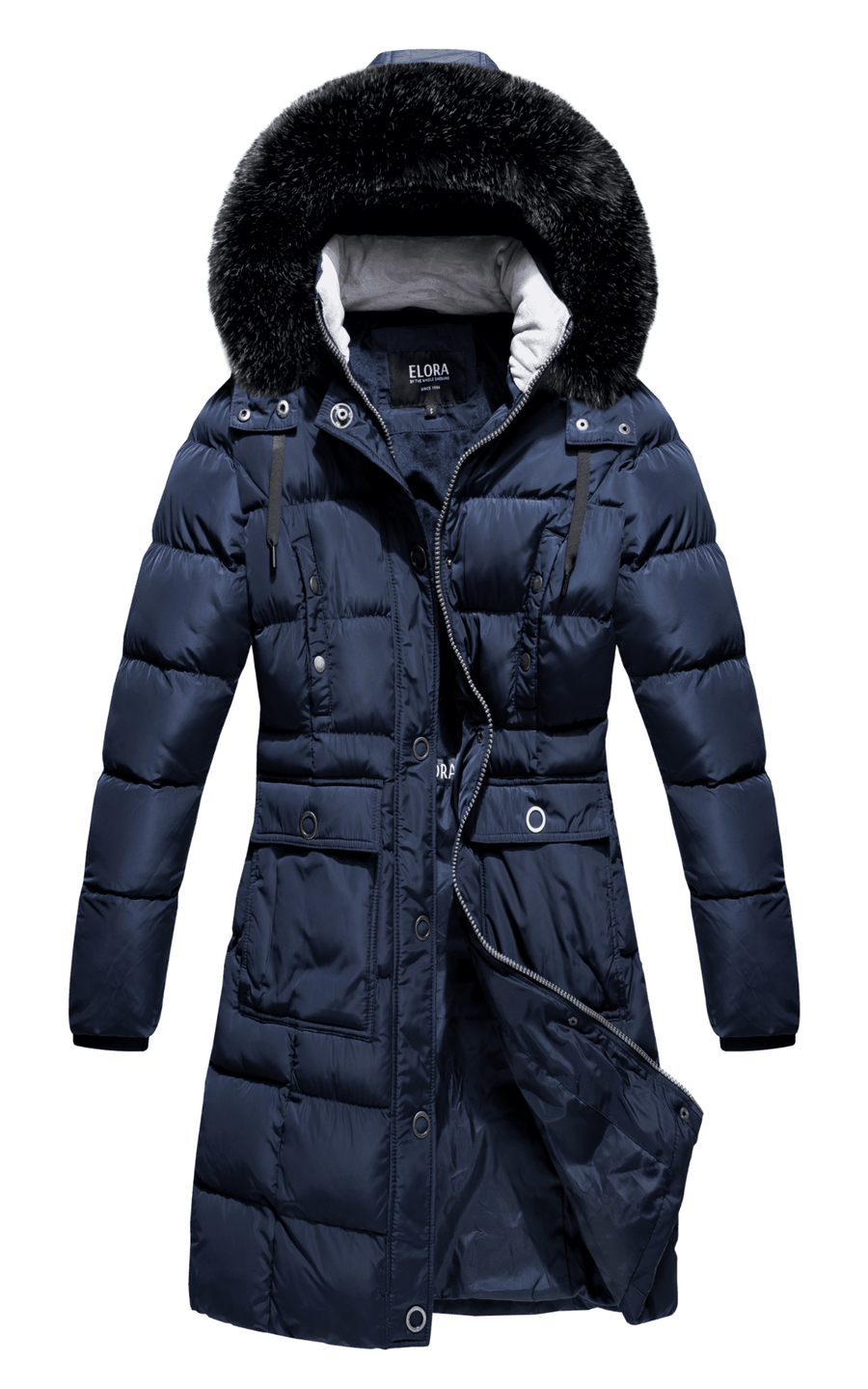 Actual navy ELORA heavyweight winter parka with faux-fur hood and open front showing the lining