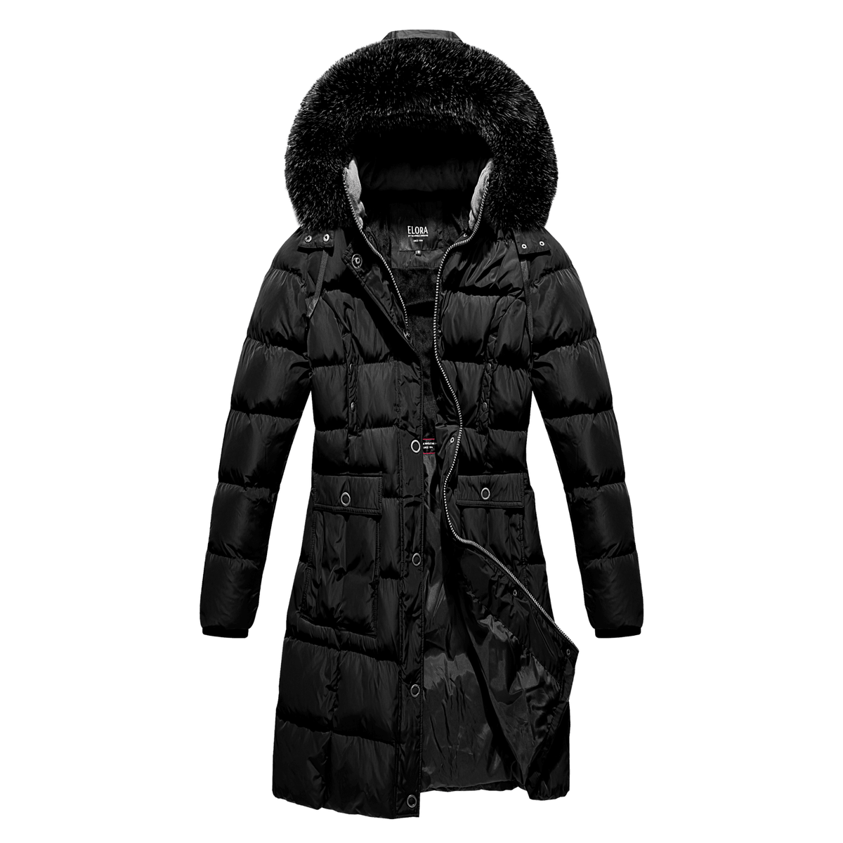 Black ELORA women's heavyweight vegan down winter coat with detachable fur-trimmed hood and 7-pocket utility design