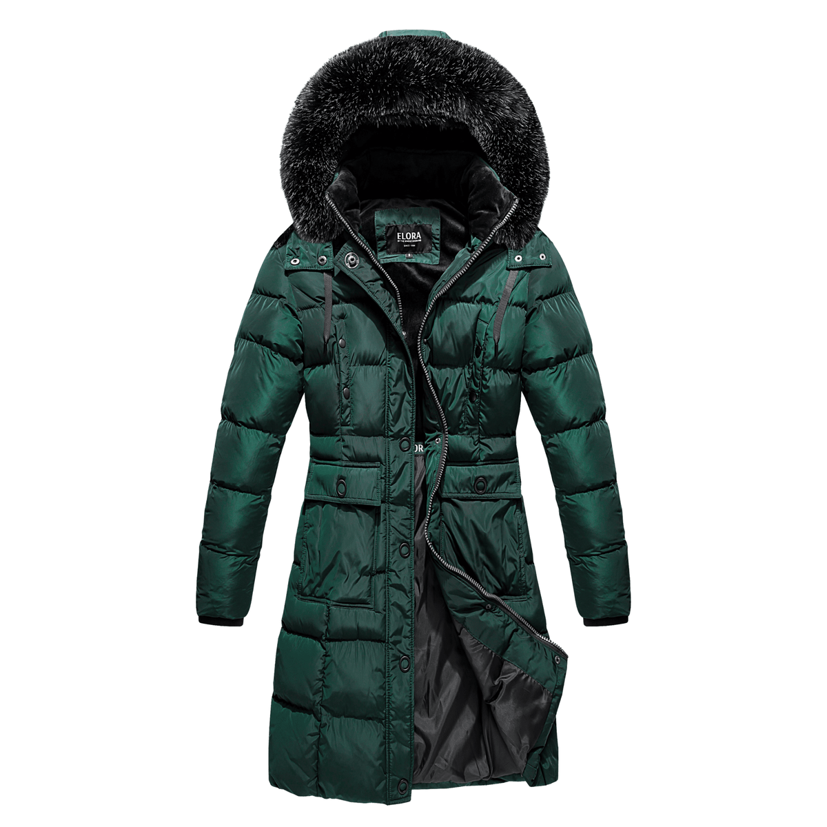 Womens winter coat Elora heavyweight vegan down parka with removable faux fur hood and seven pockets