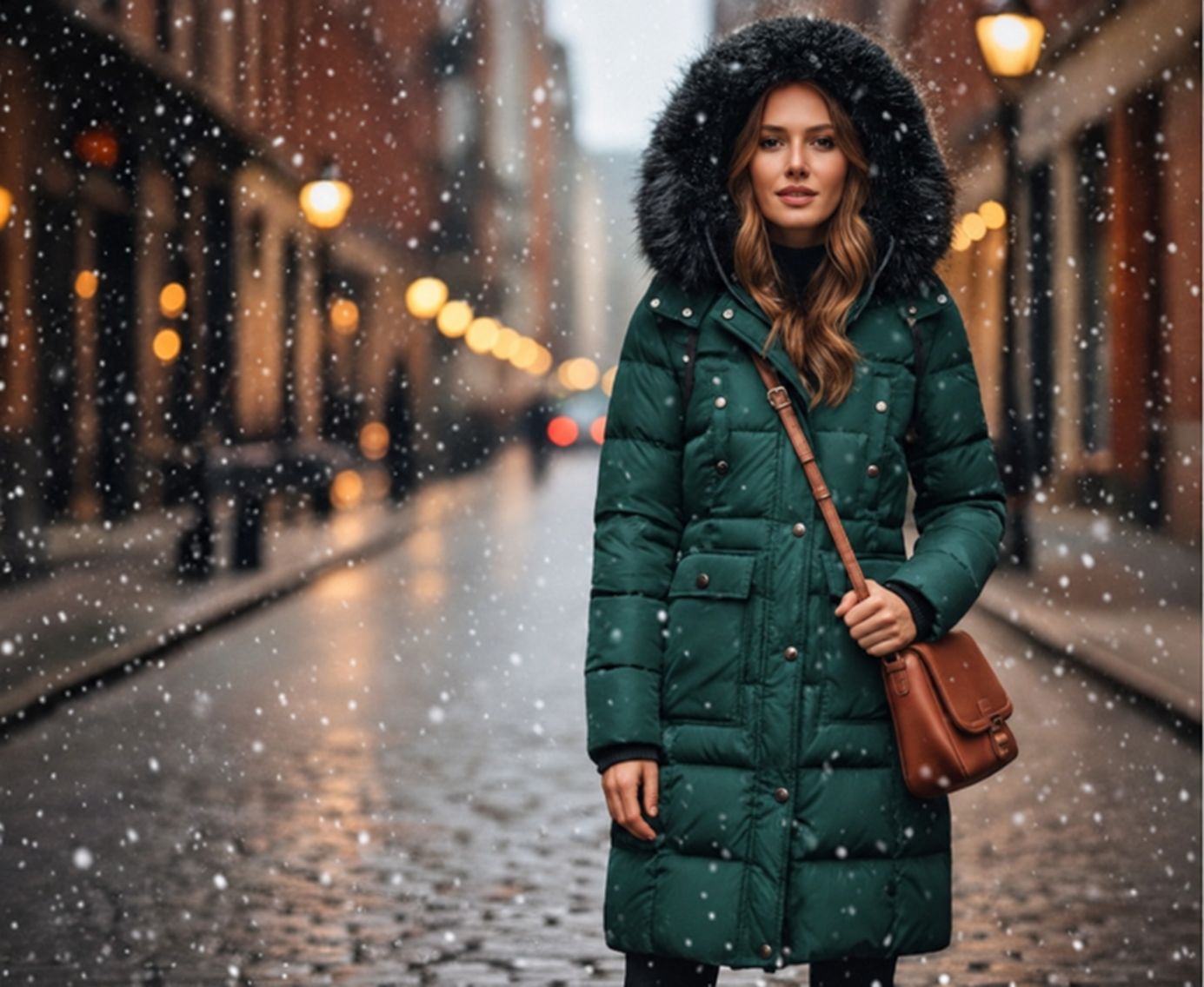 Watch a video of the ELORA 2566-8 parka. Cover illustration shows a woman in a Hunter Green coat on a snowy street.