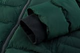 Actual Hunter Green ELORA 7609-8 parka sleeve showing the black rib-knit inner cuff.
