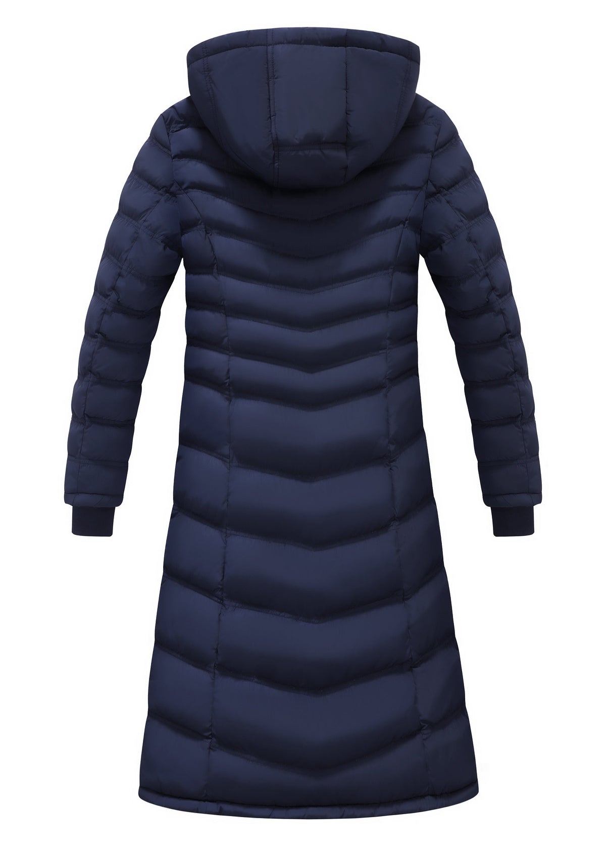 Actual Navy ELORA 7620-8 long puffer coat, back view showing the hood and chevron quilting.