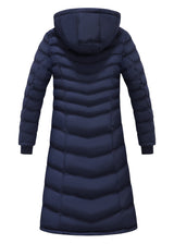 Actual Navy ELORA 7620-8 long puffer coat, back view showing the hood and chevron quilting.