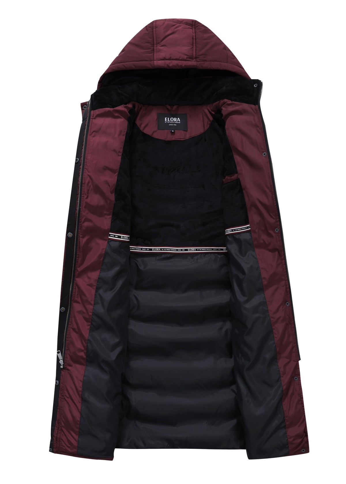 Actual Burgundy ELORA 7620-8 coat opened to show the black upper-body fleece and lower lining.