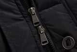 Black ELORA 2566 parka close-up showing both two-way zipper sliders and a round metal button.