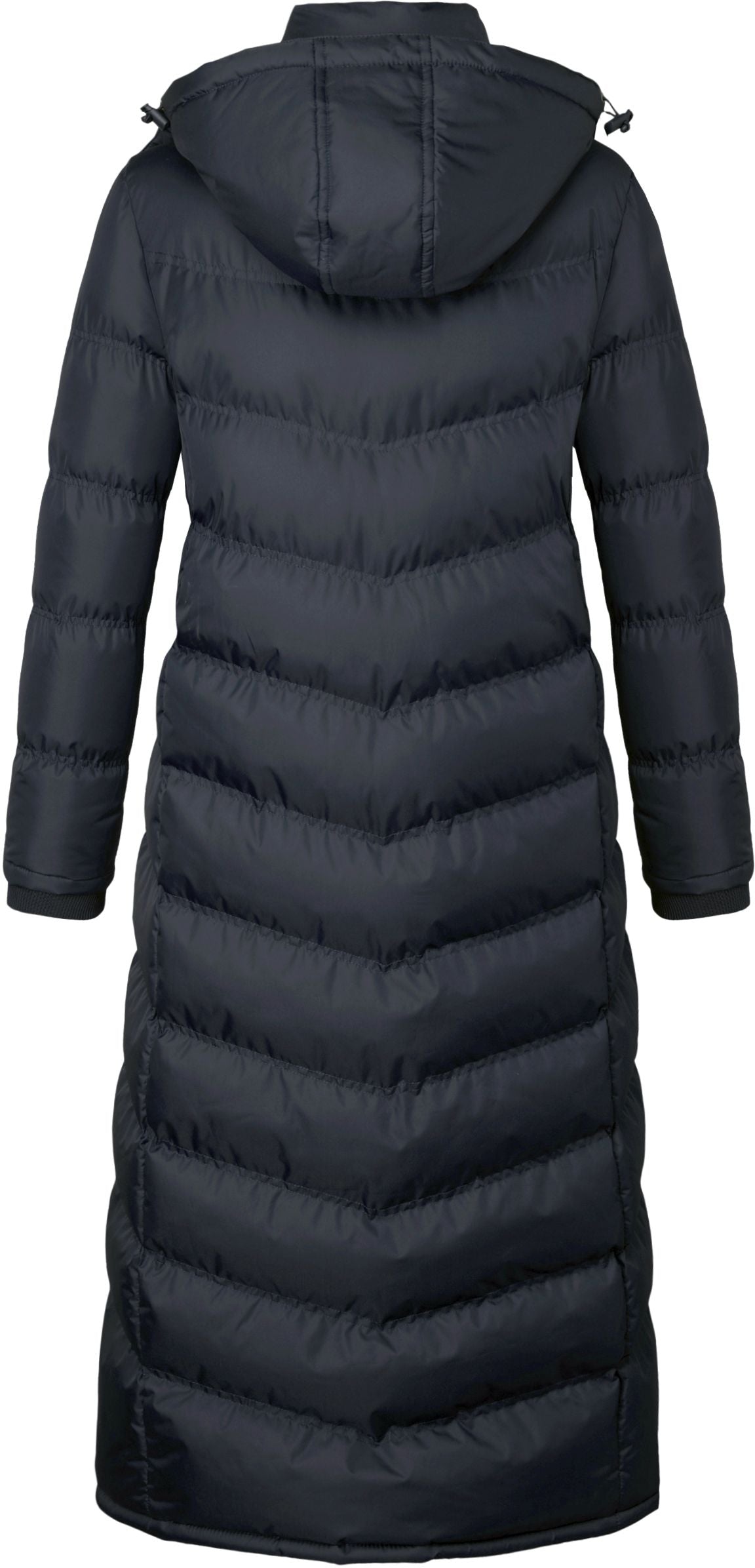 Actual Black u2wear 2418 coat — back view, hood, quilting and knit inner cuffs.